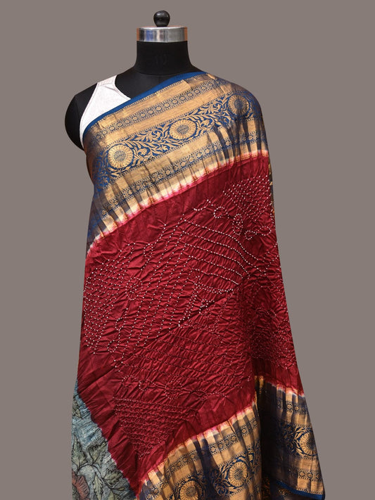 Maroon and Blue Bandhani Kanchipuram Silk Handloom Dupatta with Kalamkari Design - Global Threads | Swadesiicart