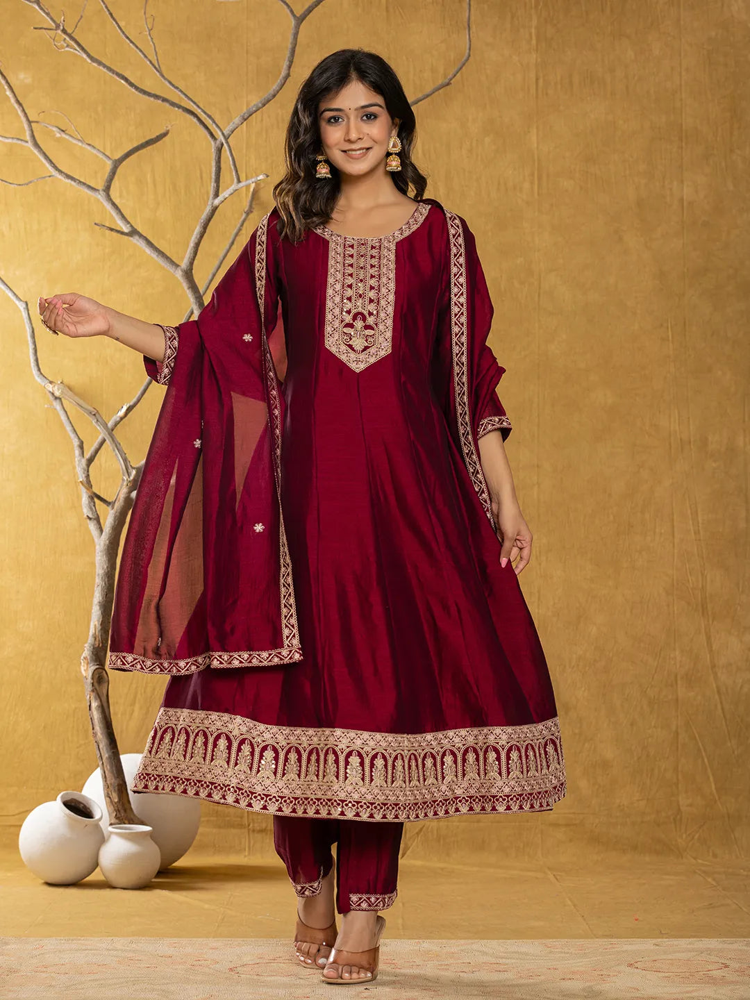 Yufta Maroon Embroidered Anarkali Kurta Dupatta Set With Cotton Lining - Swadesiicart