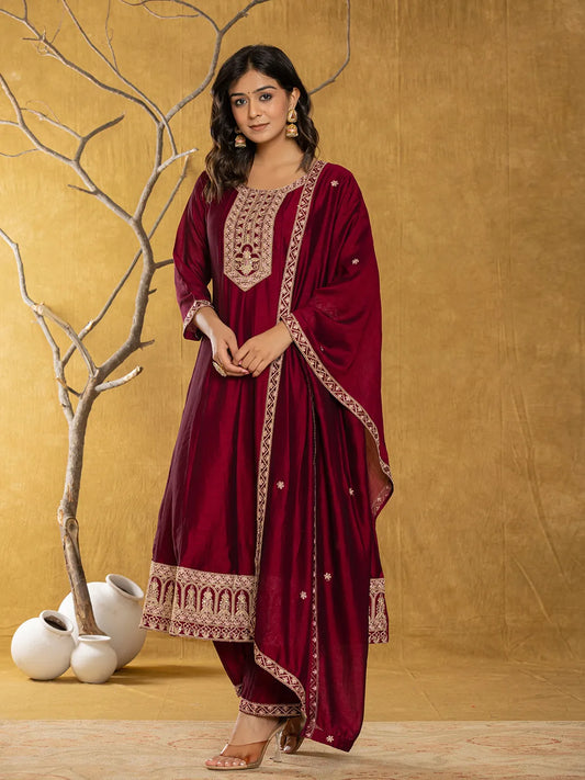 Yufta Maroon Embroidered Anarkali Kurta Dupatta Set With Cotton Lining - Swadesiicart
