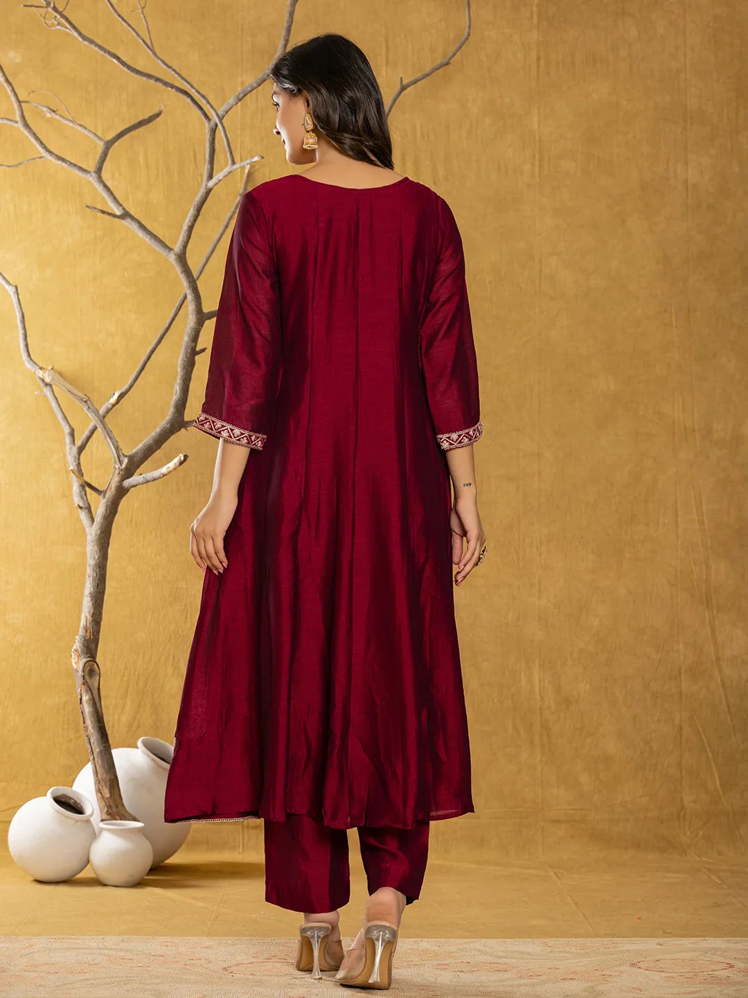 Yufta Maroon Embroidered Anarkali Kurta Dupatta Set With Cotton Lining - Swadesiicart