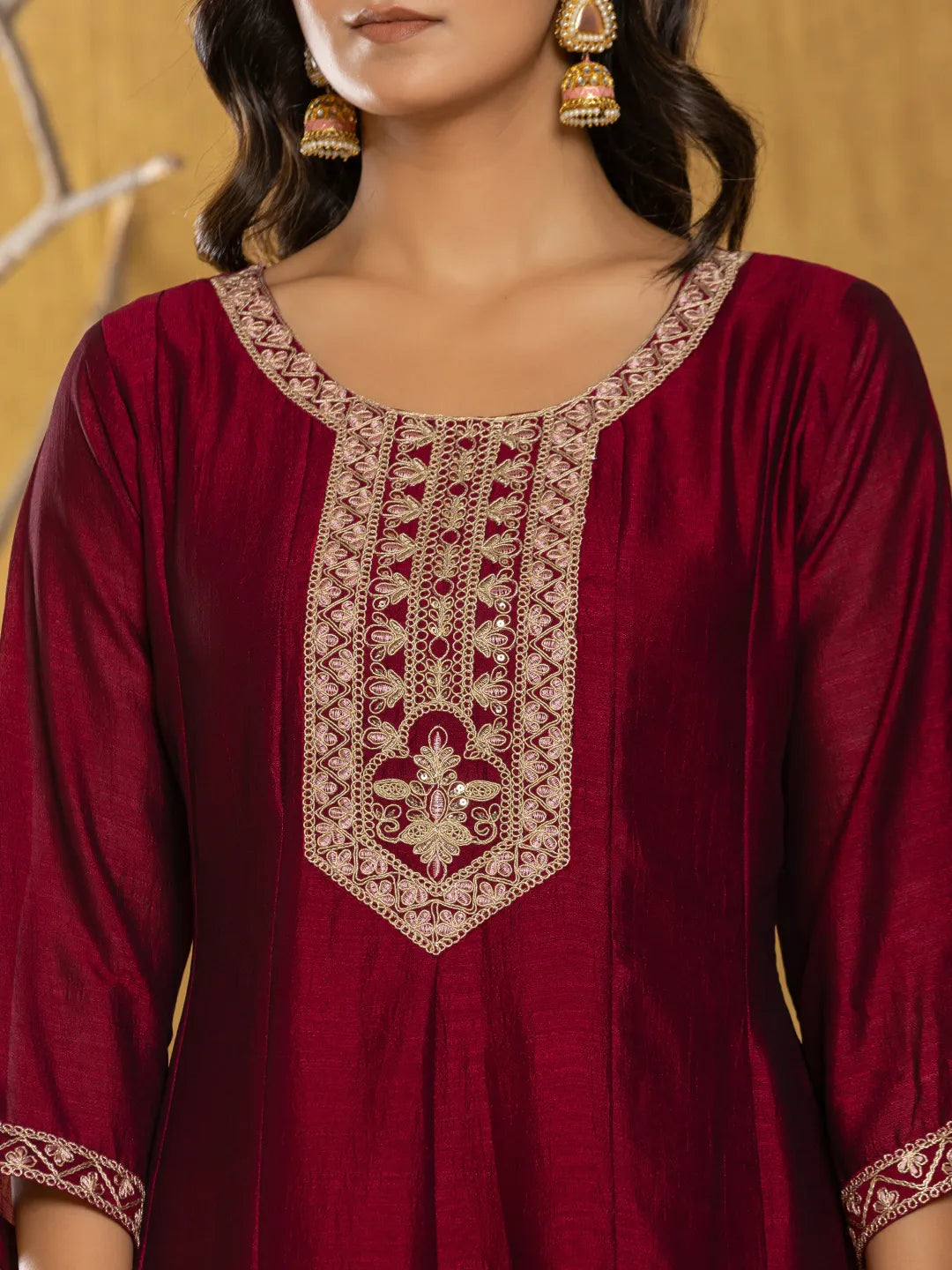 Yufta Maroon Embroidered Anarkali Kurta Dupatta Set With Cotton Lining - Swadesiicart