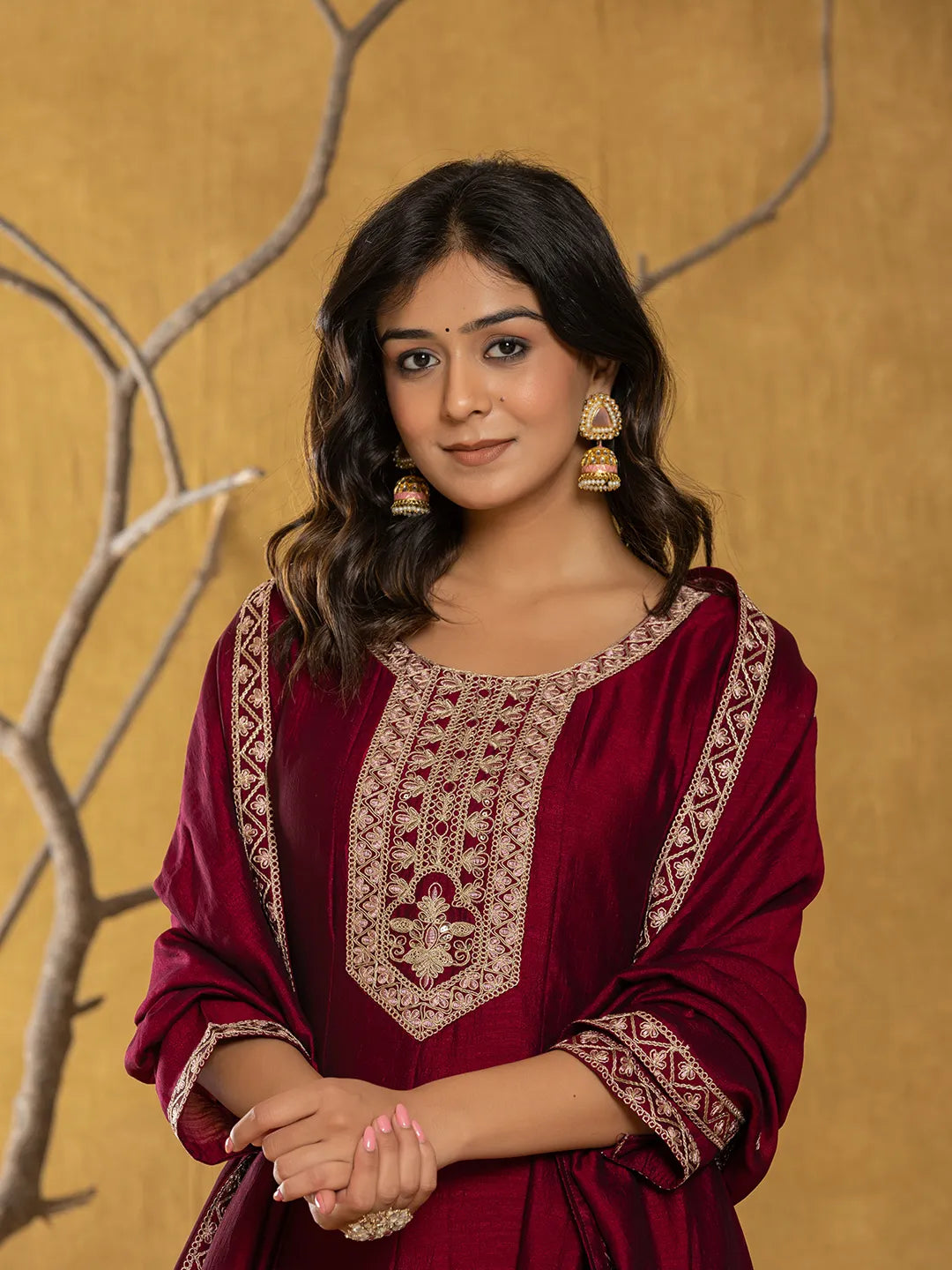 Yufta Maroon Embroidered Anarkali Kurta Dupatta Set With Cotton Lining - Swadesiicart