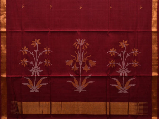 Maroon Khadi Cotton Handloom Saree with Pallu Design - Global Threads | Swadesiicart