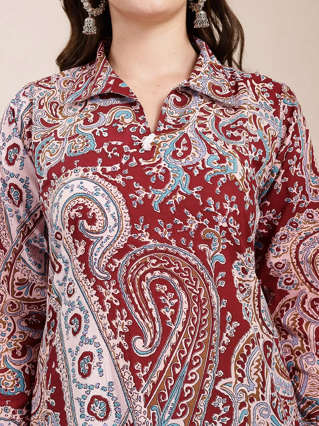 Yufta Maroon Pure Cotton Boho Print Co-Ord Set - Swadesiicart