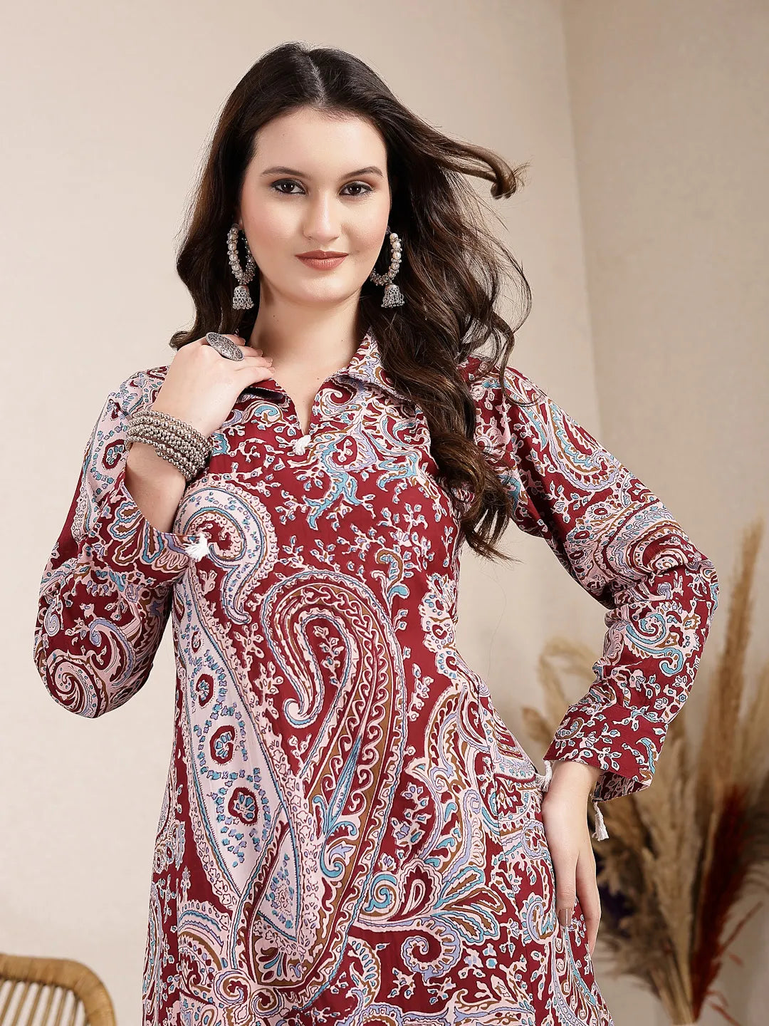 Yufta Maroon Pure Cotton Boho Print Co-Ord Set - Swadesiicart