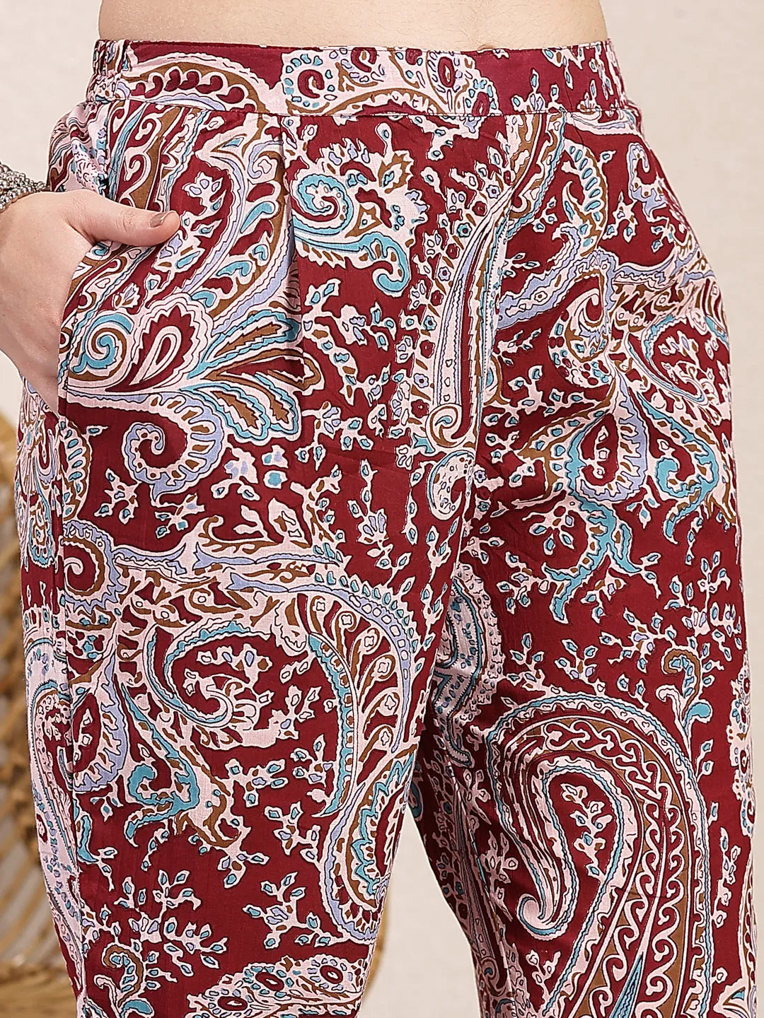 Yufta Maroon Pure Cotton Boho Print Co-Ord Set - Swadesiicart