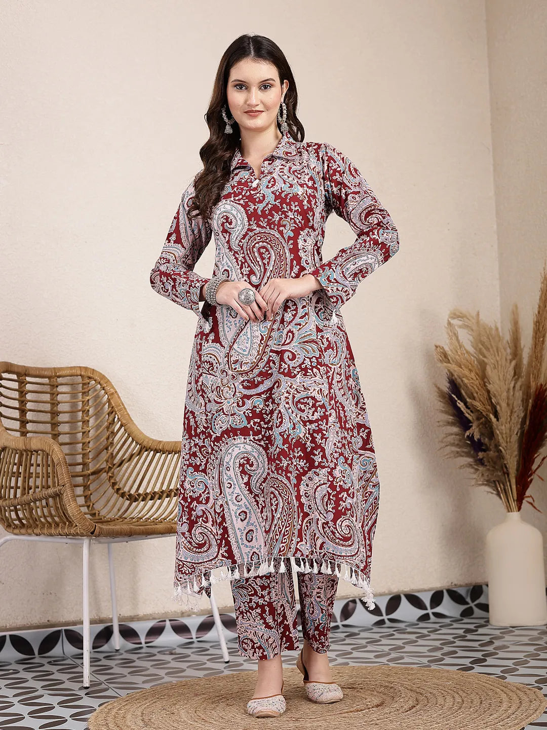 Yufta Maroon Pure Cotton Boho Print Co-Ord Set - Swadesiicart
