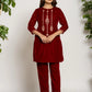 Yufta Maroon Velvet Embroidered Co-Ord Set With Cotton Lining - Swadesiicart