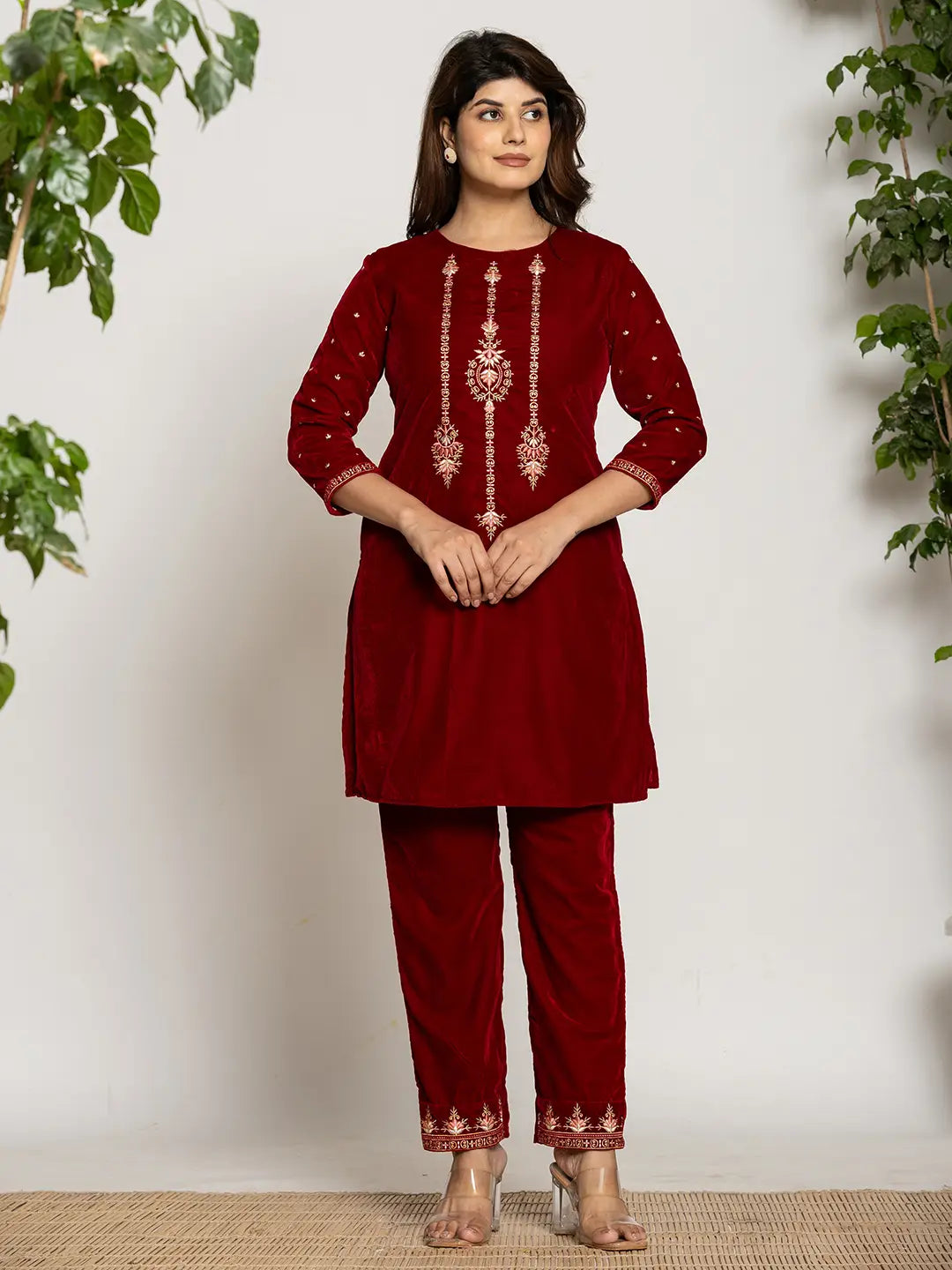 Yufta Maroon Velvet Embroidered Co-Ord Set With Cotton Lining - Swadesiicart
