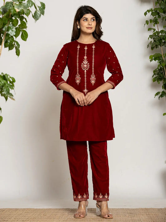 Yufta Maroon Velvet Embroidered Co-Ord Set With Cotton Lining - Swadesiicart