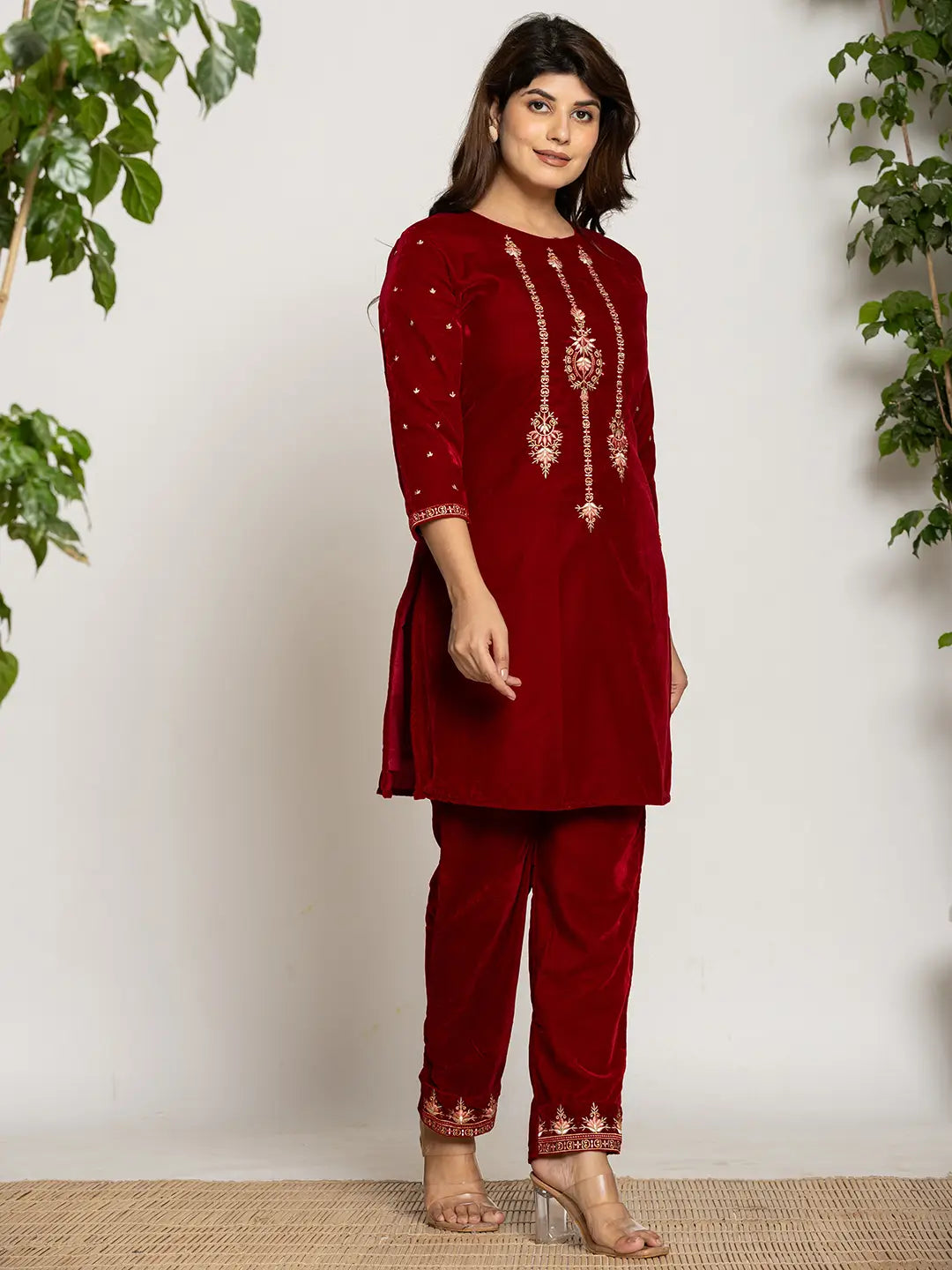 Yufta Maroon Velvet Embroidered Co-Ord Set With Cotton Lining - Swadesiicart