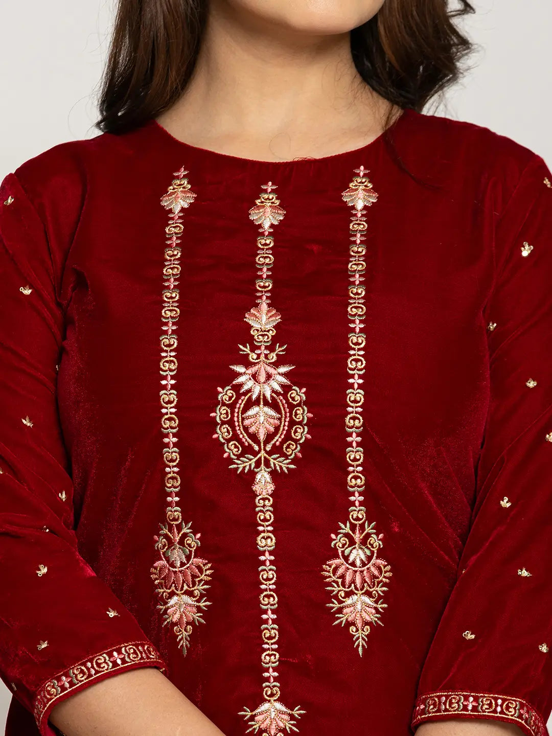 Yufta Maroon Velvet Embroidered Co-Ord Set With Cotton Lining - Swadesiicart