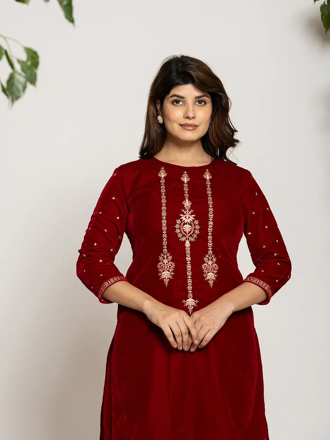 Yufta Maroon Velvet Embroidered Co-Ord Set With Cotton Lining - Swadesiicart