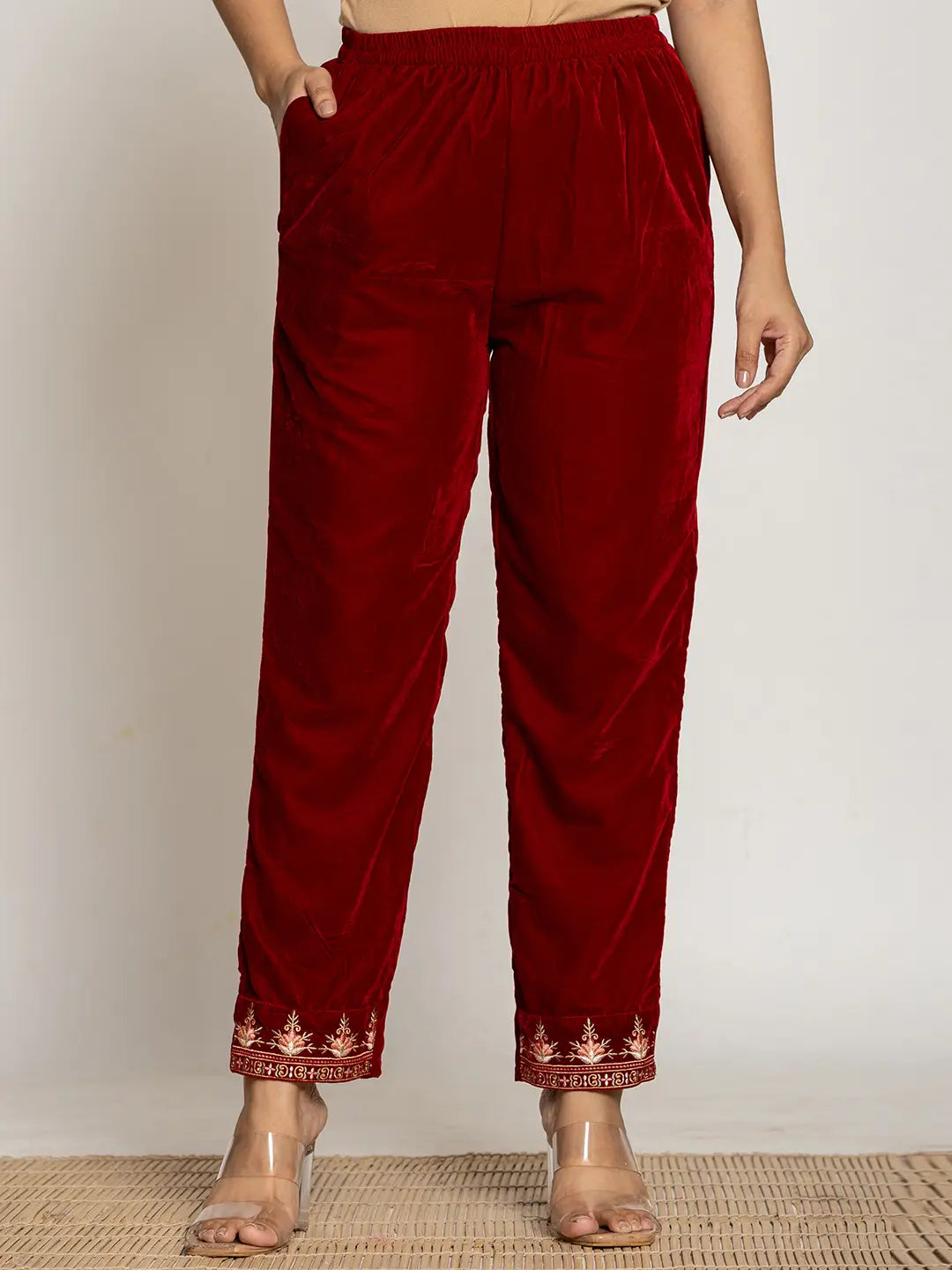 Yufta Maroon Velvet Embroidered Co-Ord Set With Cotton Lining - Swadesiicart