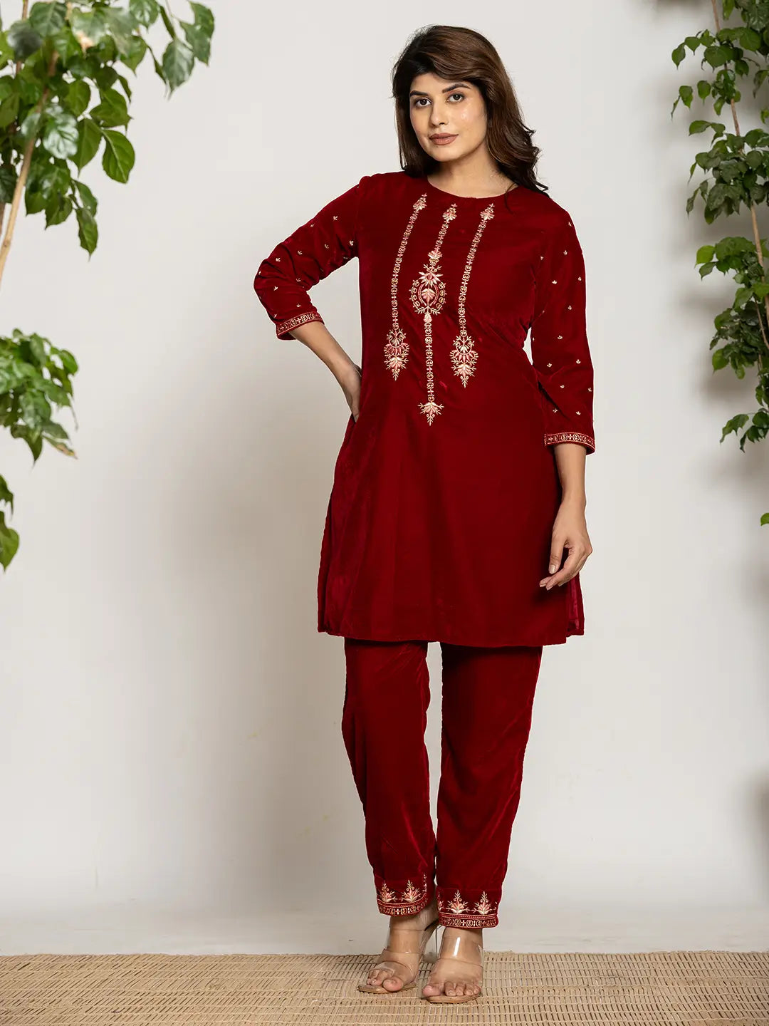 Yufta Maroon Velvet Embroidered Co-Ord Set With Cotton Lining - Swadesiicart
