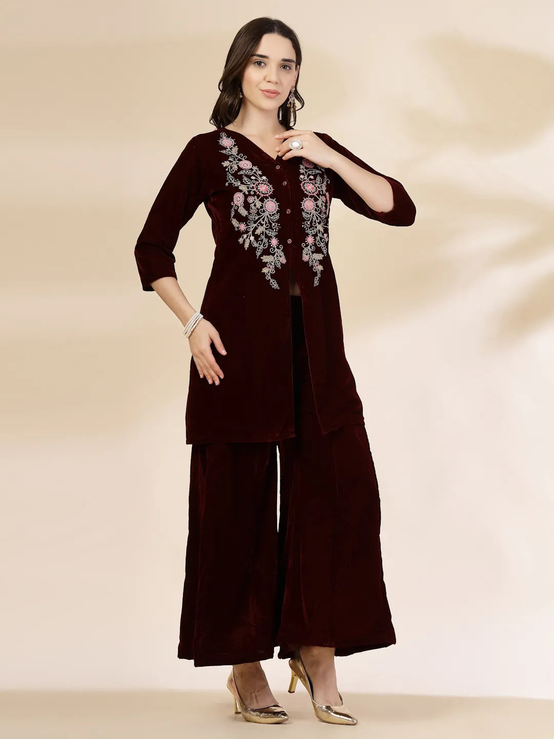 Yufta Maroon Velvet Zari Work CoOrd Set - Swadesiicart