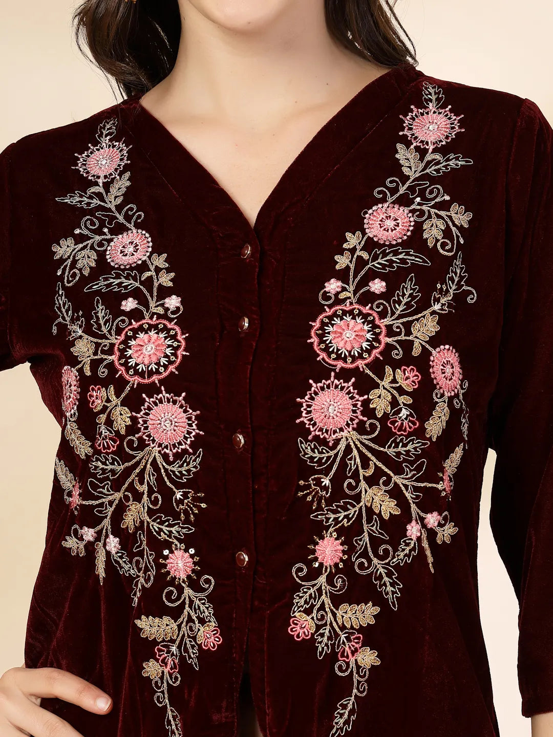 Yufta Maroon Velvet Zari Work CoOrd Set - Swadesiicart