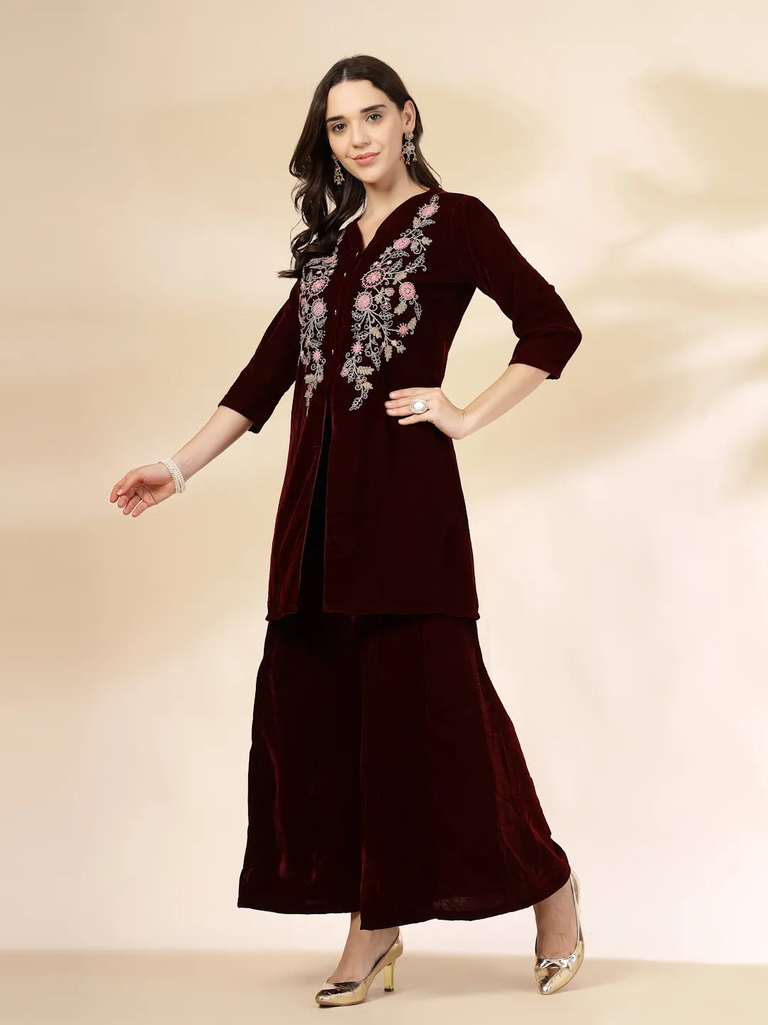Yufta Maroon Velvet Zari Work CoOrd Set - Swadesiicart