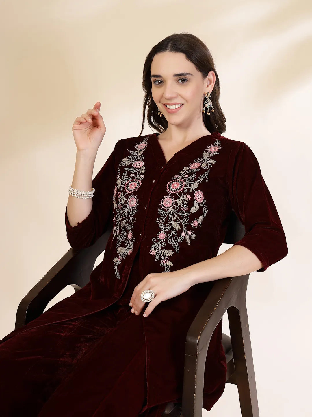 Yufta Maroon Velvet Zari Work CoOrd Set - Swadesiicart