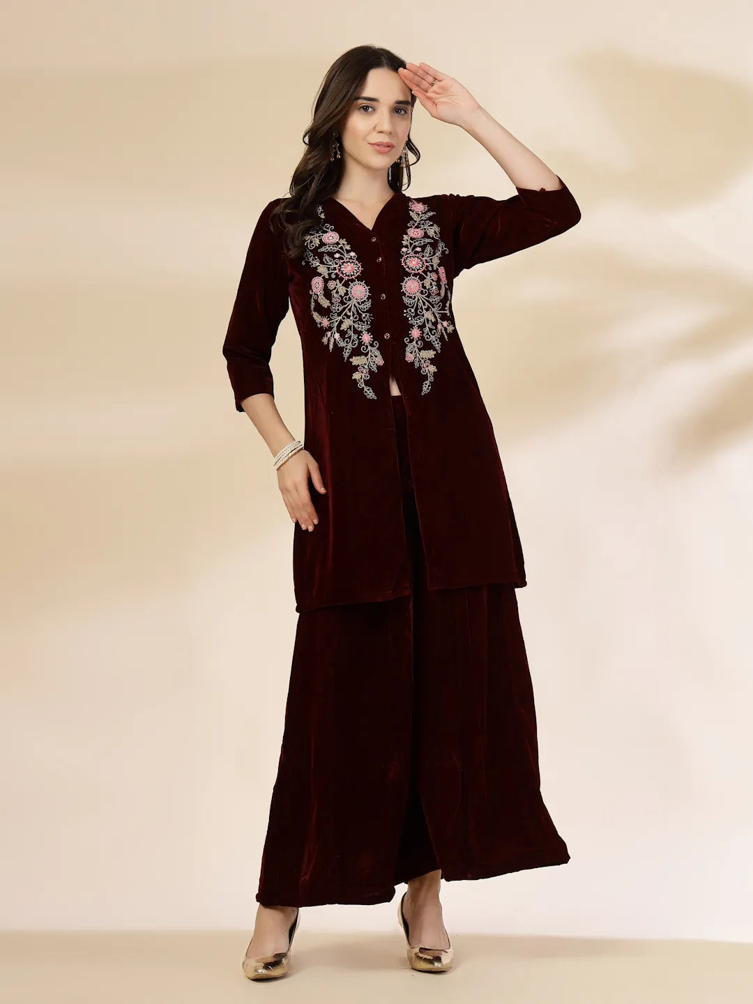 Yufta Maroon Velvet Zari Work CoOrd Set - Swadesiicart