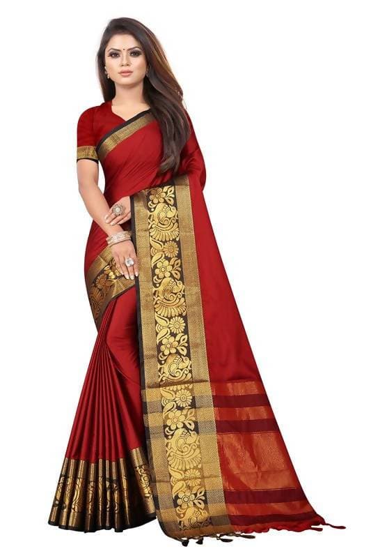 Vamika Banarasi Cotton Silk Weaving Red Saree (DOCTOR MOR RED) | Swadesiicart