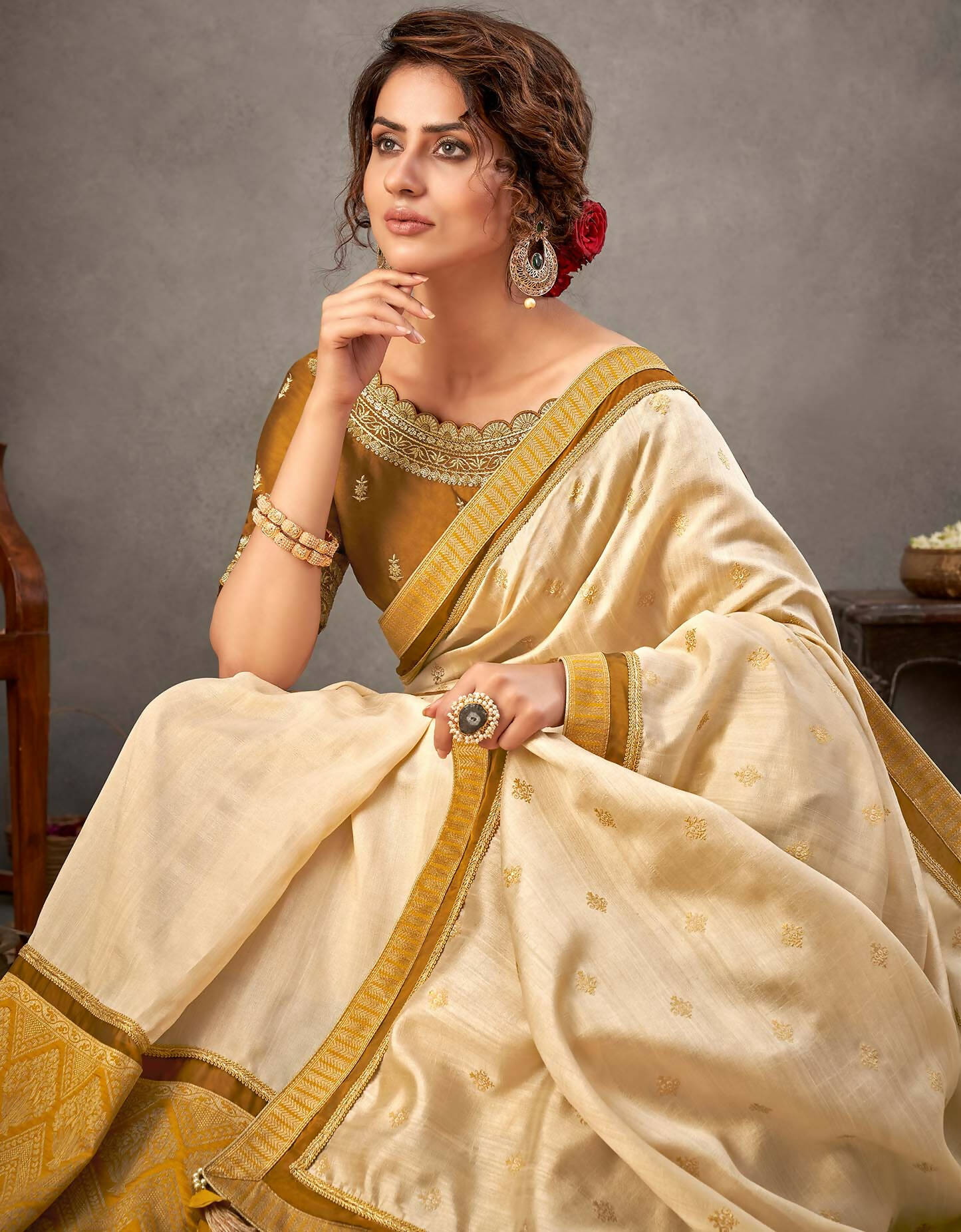 Off-White And Mustard Yellow Tusser Silk Zari And Sequins Embroidery Saree - Norita Arinya | Swadesiicart
