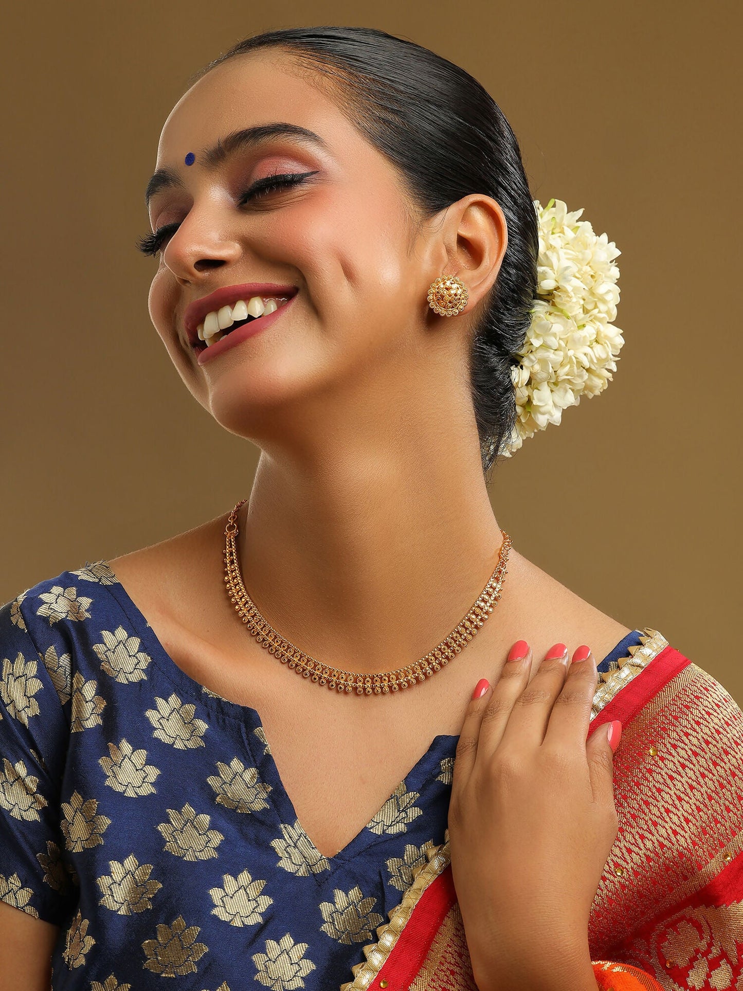 Ruby Raang Golden Necklace with Studs | Swadesiicart