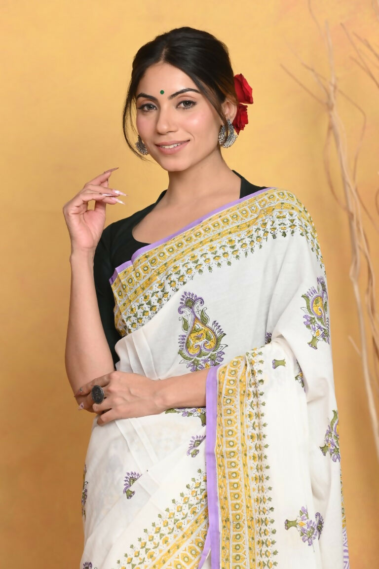 Very Much Indian Handblock Printed Cotton Saree With Natural Dyes - White | Swadesiicart