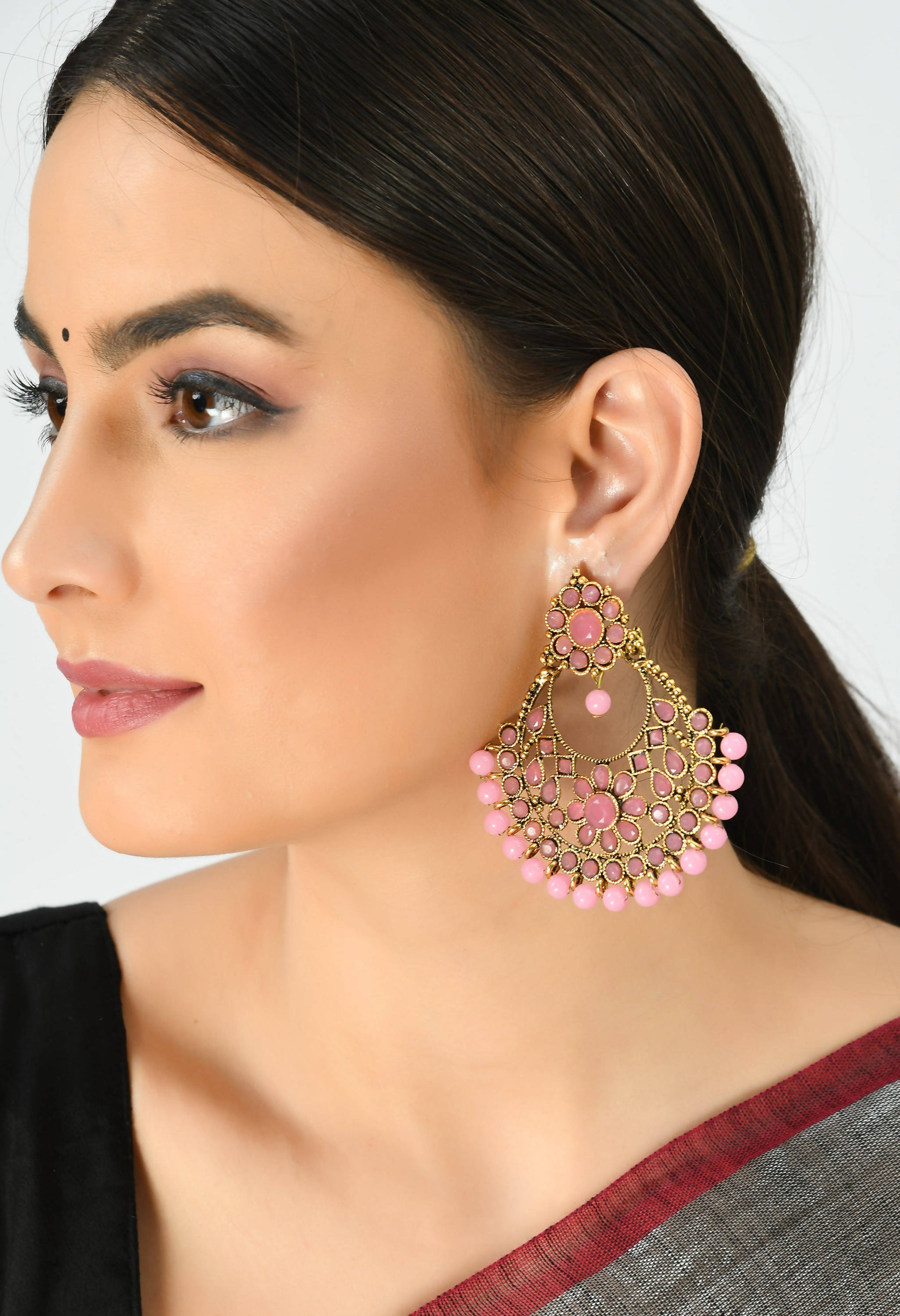 Mominos Fashion Johar Kamal Golden And Pink Beaded Earrings | Swadesiicart