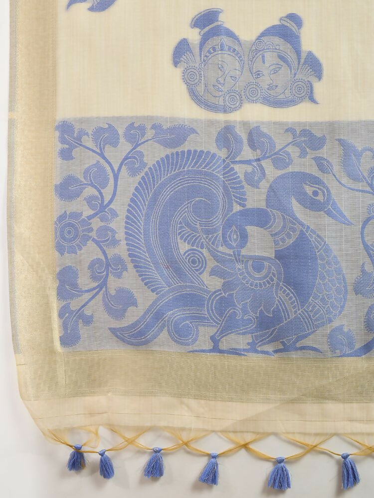 Vishnu Weaves Women's Blue Muga Cotton Thread Woven Saree with Blouse - Swadesiicart