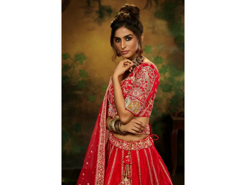 House of Panchhi Red Pure Silk Moti & Zarkan heavy embroidery Lehenga choli & Dupatta | Swadesiicart