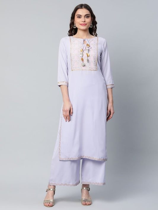 Ahalyaa Women's Powder Blue Crepe Gold Printed Kurta Palazzo Set | Swadesiicart