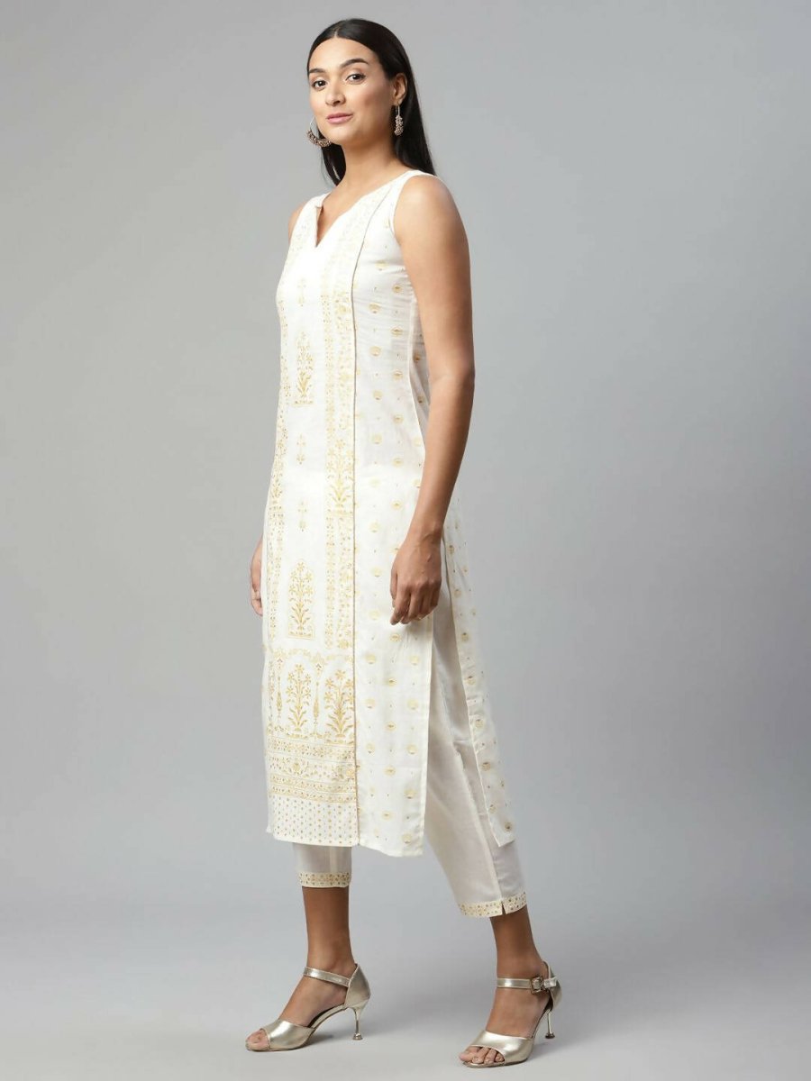 Ahalyaa Womens Off White Pure Cotton Printed Kurta Pant Set | Swadesiicart