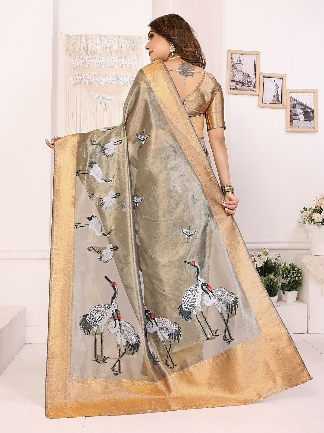 Joban Fashion Golden Cranes Patterns Banarasi Silk Sarees | Swadesiicart