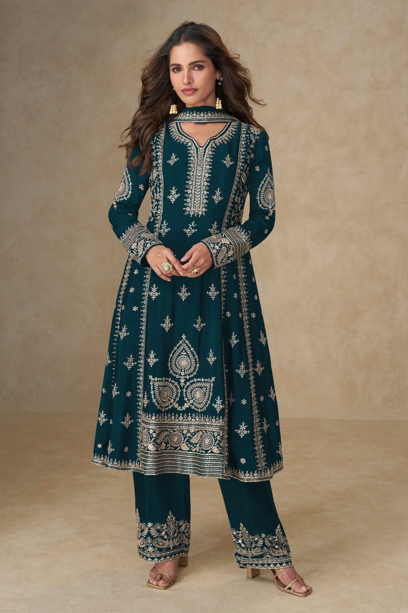 Anaita Teal Green Chinon Silk Stitched Suit with Embroidery & Sequence Work