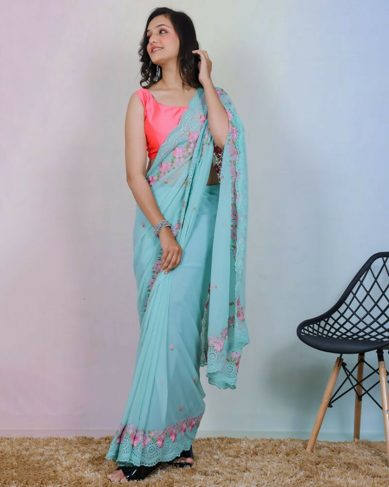 Vamsee Rashmika Blue Georgette Saree - Swadesiicart