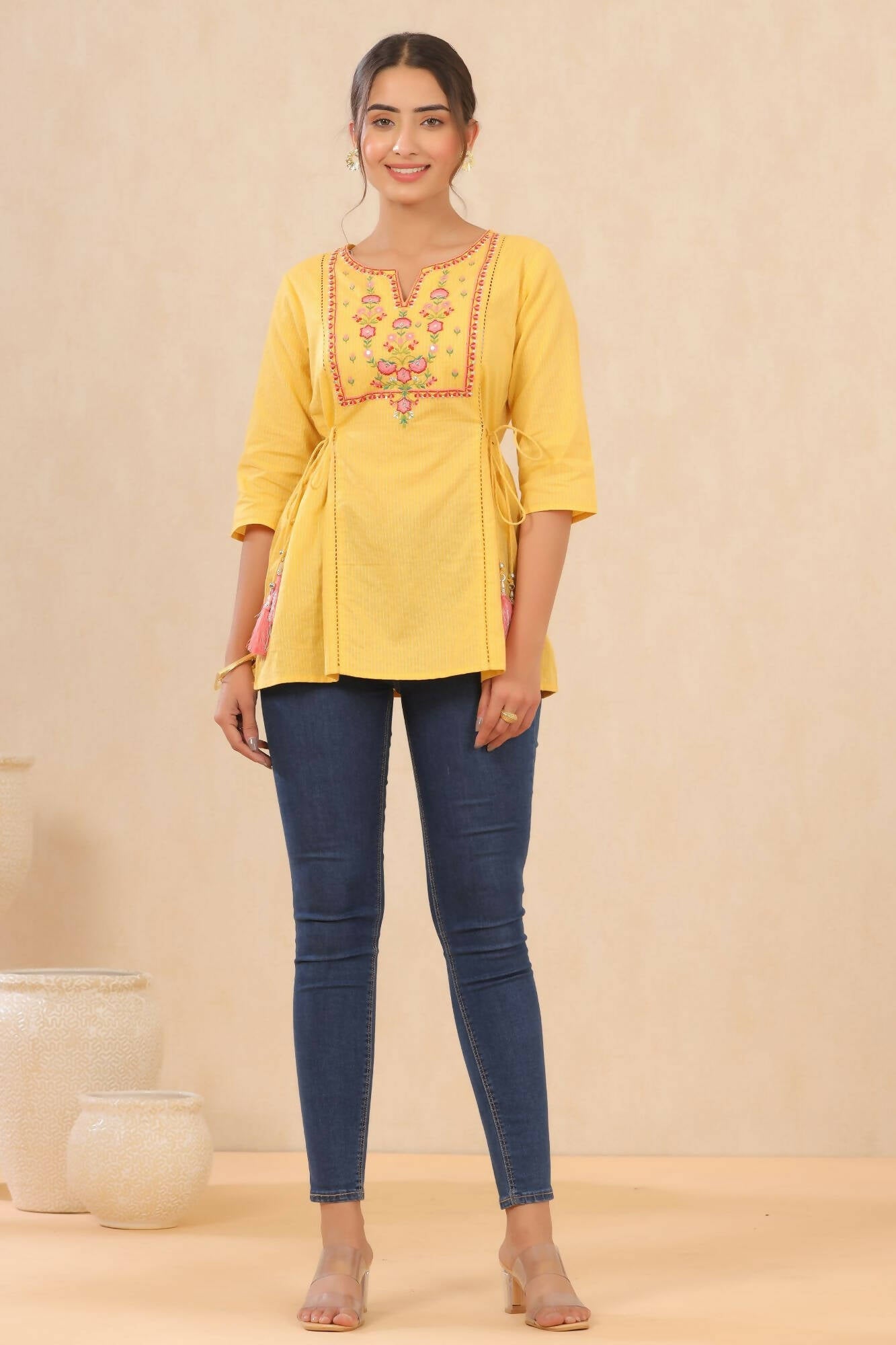 Juniper Women Yellow Cotton Dobby Embroidered A-Line Tunic | Swadesiicart