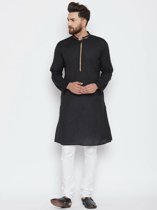 Even Apparels Black Color Pure Cotton Men's Kurta With Band Collar | Swadesiicart