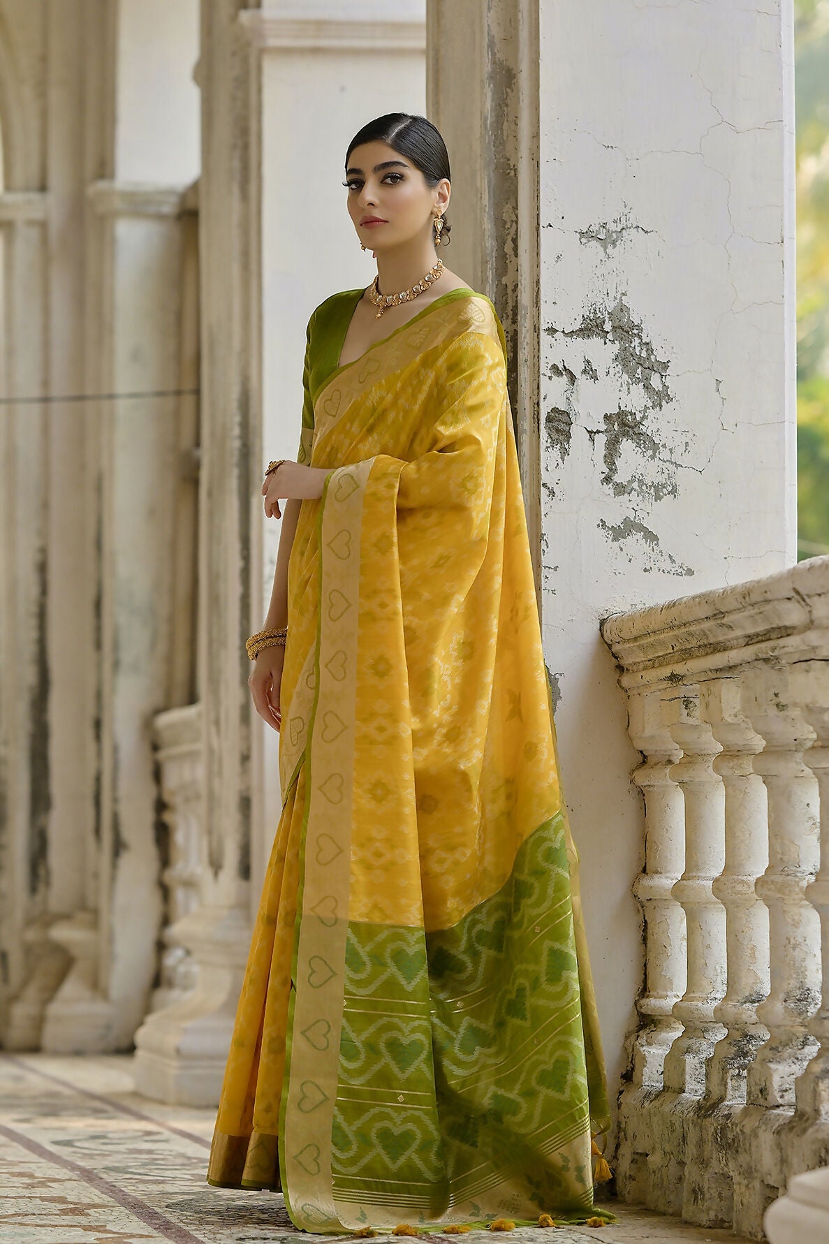 Vishnu Weaves Women's Yellow Raw Silk Thread Ikkat Woven Saree with Blouse - Swadesiicart