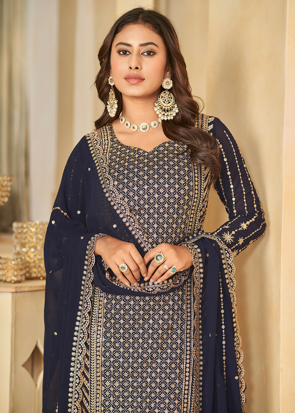 Mesmeric Blue Faux Georgette Palazzo Suit with Embroidery - Emponline | Swadesiicart