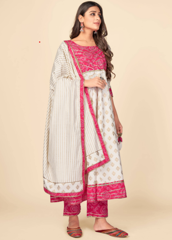 NOZ2TOZ Women's Pink & White Anarkali Kurta & Pant With Dupatta Set (3pcs Set) - Swadesiicart