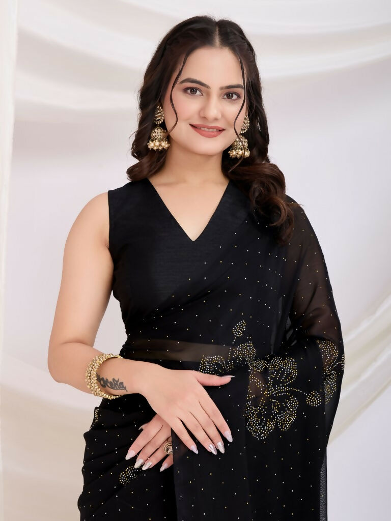 Black Rangoli Silk Diamond Work Ready To Wear Saree - Tamana | Swadesiicart