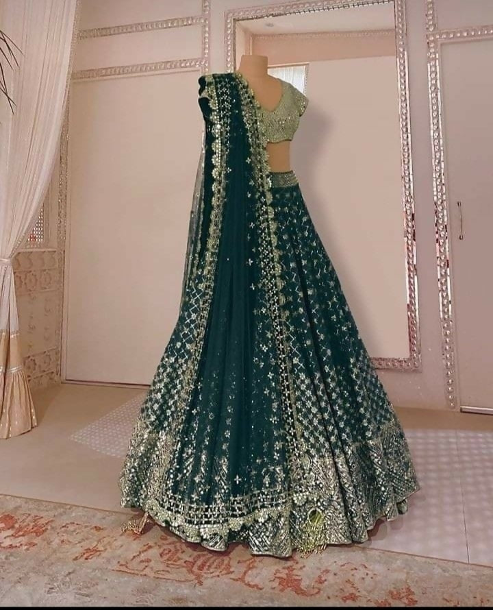 Jyoti Fashion Catching Bottle Green Faux Georgette Sequins with Paper Mirror & Jari Embroidery Lehenga Choli with Dupatta | Swadesiicart