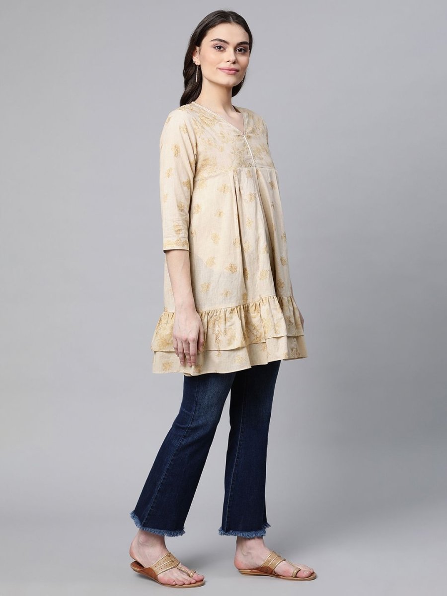 Ahalyaa Beige Cotton Gold Printed Tunic | Swadesiicart