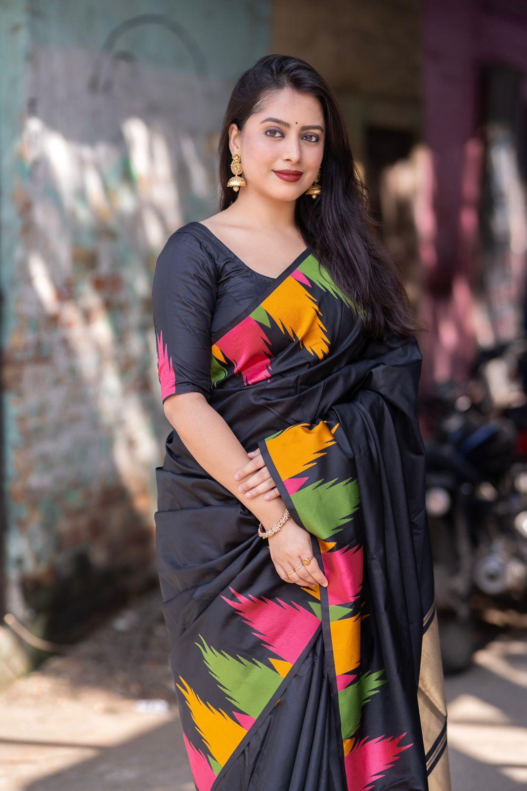 Black Polycotton Woven Design Saree with Unstitched Blouse - Hiral Fashion | Swadesiicart