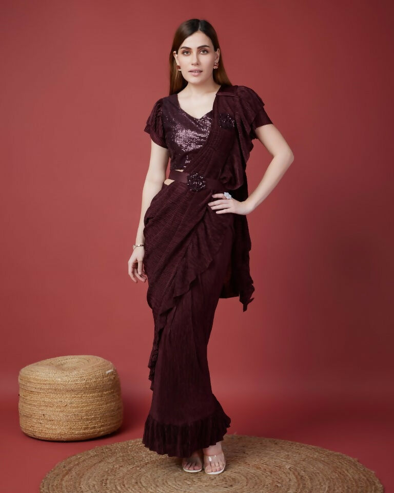 Wine Imported Crush Solid Ready to Wear Saree with stitched Blouse - Aayan | Swadesiicart