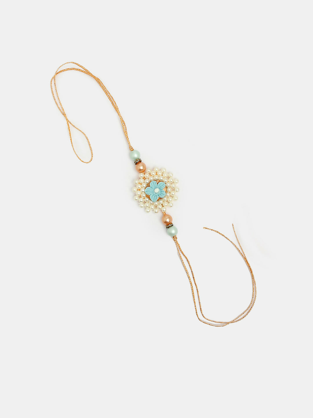NVR Women & Men Set of 2 Peach Floral Design Pearl Beaded Bhaiya Bhabi Rakhi With Roli Chawal & Chocolate | Swadesiicart