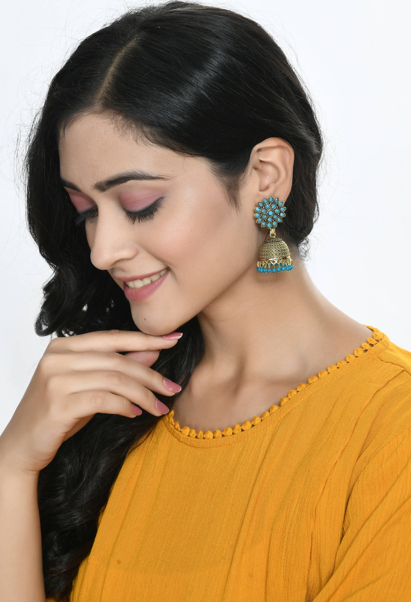 Mominos Fashion Johar Kamal Beautiful Kundan Work Jhumka With Sky Blue Beads - Swadesiicart