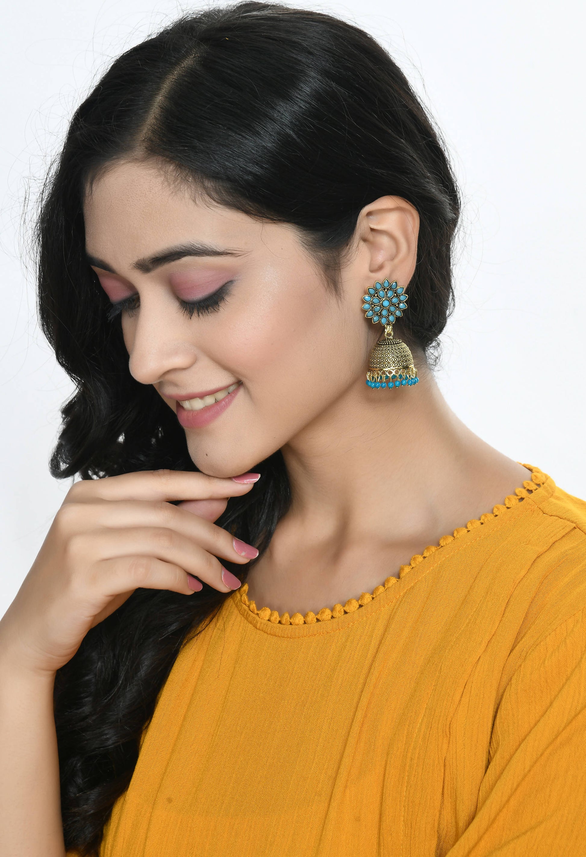 Mominos Fashion Johar Kamal Beautiful Kundan Work Jhumka With Sky Blue Beads - Swadesiicart