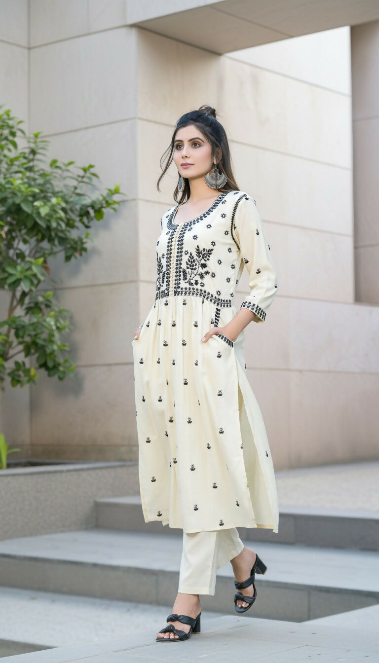 BulBul Meenaxi Beige Rayon Kurta Set - Swadesiicart
